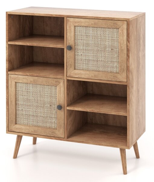 Costway Credenza in rattan con 4 scomparti e 2 porte decorate in rattan, Armadietto buffet in stile boho Naturale