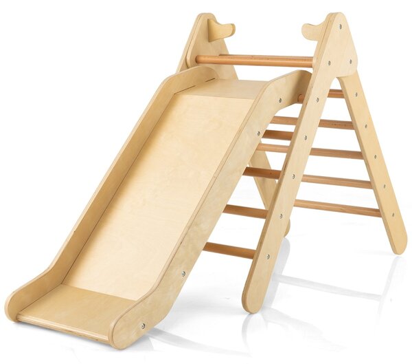 Costway Set di arrampicata per bambini con scivolo 2-in-1, Arrampicatore in legno regolabile a gradi Naturale