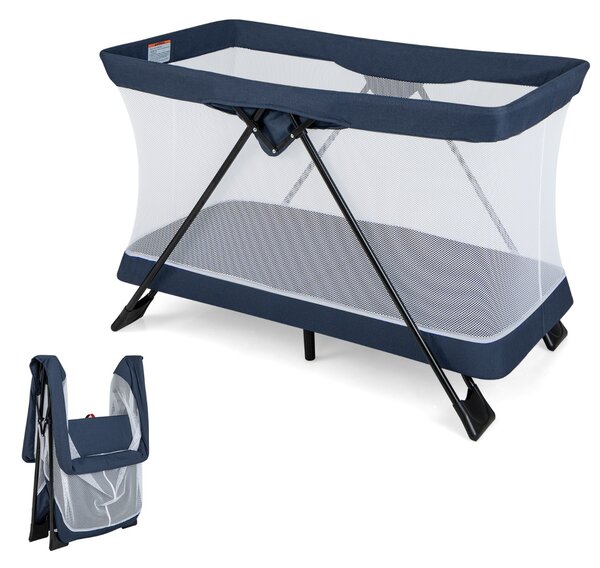 Costway Culla da viaggio portatile con comodo materasso e coprimaterasso lavabile, Centro nido pieghevole Blu scuro