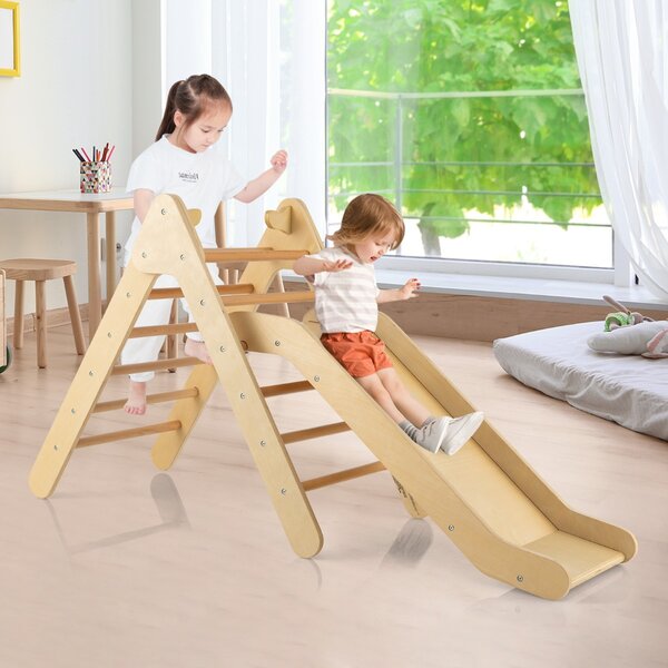 Costway Set di arrampicata per bambini con scivolo 2-in-1, Arrampicatore in legno regolabile a gradi Naturale