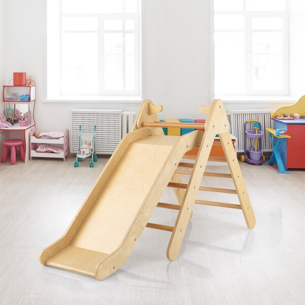 Costway Set di arrampicata per bambini con scivolo 2-in-1, Arrampicatore in legno regolabile a gradi Naturale