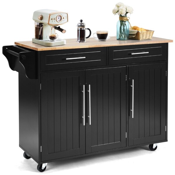 Costway Carrello da cucina in legno con 2 cassetti e maniglia, Armadietto da cucina con ruote 122x45,5x92,5cm Nero