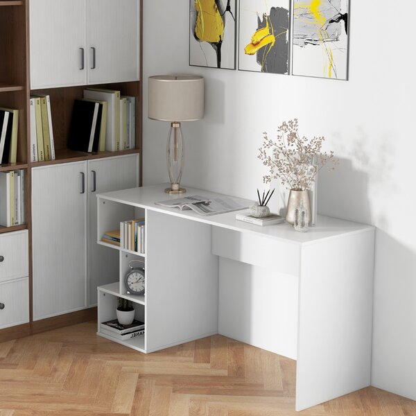 Costway Scrivania moderna con libreria a cubi, Tavolo salvaspazio con scomparti e kit antiribaltamento 140x50x75cm Bianco