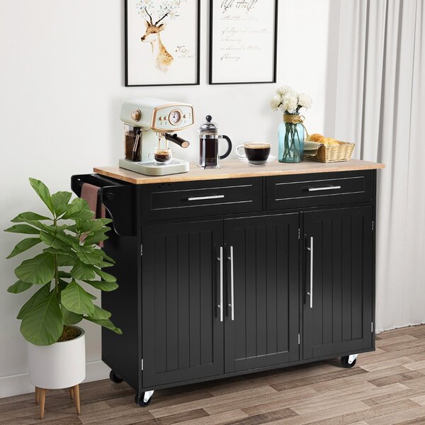 Costway Carrello da cucina in legno con 2 cassetti e maniglia, Armadietto da cucina con ruote 122x45,5x92,5cm Nero