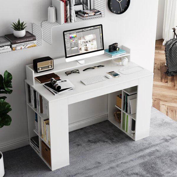 Costway Scrivania per computer 120cm con 2 librerie e ripiano monitor, Scrivania per PC direzionale salvaspazio Bianco