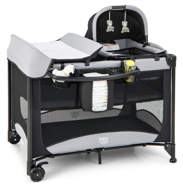 Costway Culla da viaggio pieghevole per neonati con fasciatoio, Lettino a ruote multifunzionale 5 in 1 portata 15kg Nero