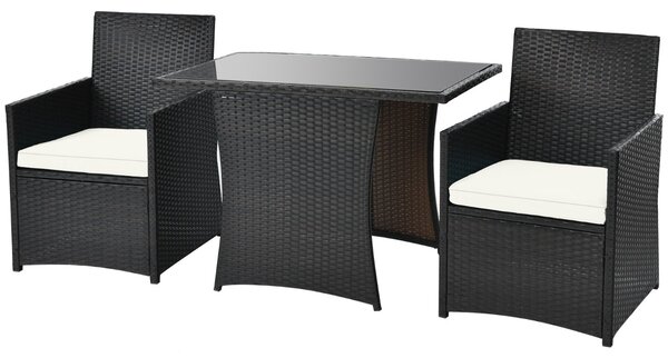 Costway Set mobili da esterno con piano tavolo in vetro temperato e sedie imbottite, Set da giardino in rattan Bianco