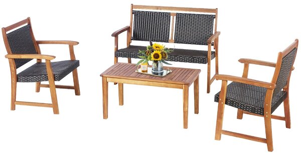 Costway Set 2 sedie e panchina in rattan da giardino con tavolino, Set mobili da esterno con telaio in legno di acacia