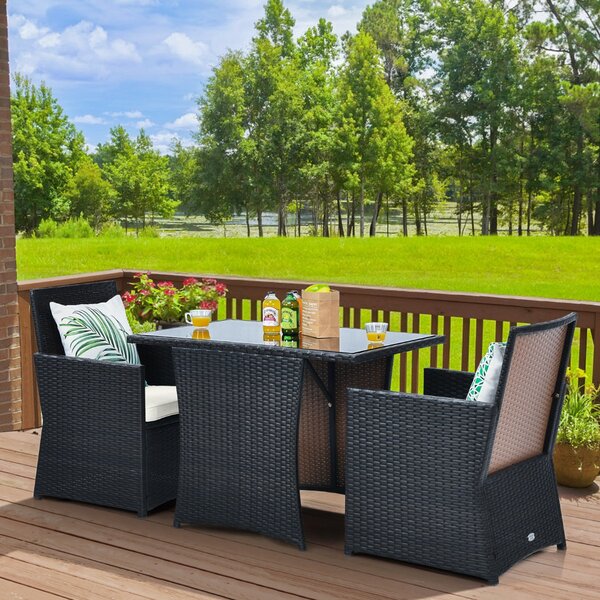 Costway Set mobili da esterno con piano tavolo in vetro temperato e sedie imbottite, Set da giardino in rattan Bianco