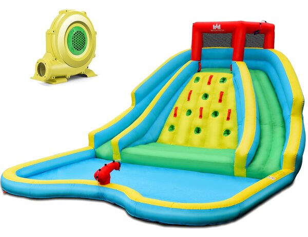 Costway Gonfiabile per bambini con parete di arrampicata cannone ad acqua, Piscina gonfiabile con ventilatore 680W