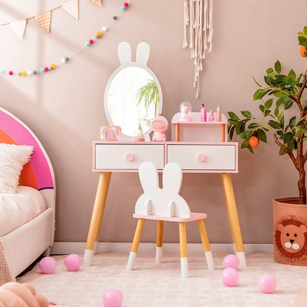 Costway Toeletta con specchio a forma di coniglio per bambini, Set tavolo e sedia toeletta con cassetti e sgabello Bianco