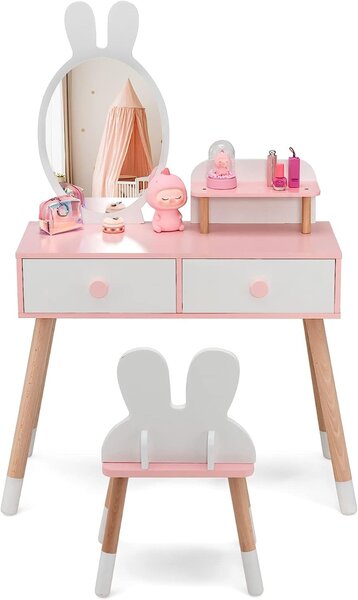 Costway Toeletta con specchio a forma di coniglio per bambini, Set tavolo e sedia toeletta con cassetti e sgabello Bianco