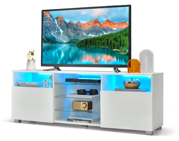 Costway Mobile TV moderno con luci LED per televisori, Centro multimediale con ripiani in vetro regolabili 2 porte Bianco
