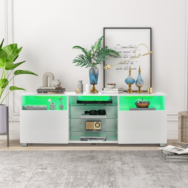 Costway Mobile TV moderno con luci LED per televisori, Centro multimediale con ripiani in vetro regolabili 2 porte Bianco