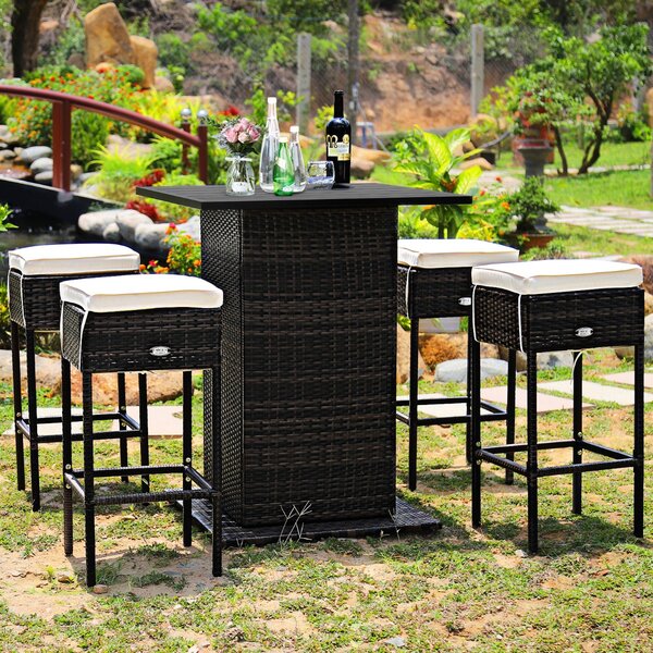Costway Set da giardino in rattan 5 pezzi, Mobili da esterno con 4 sgabelli cuscini tavolo e scomparto nascosto Beige