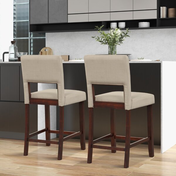 Costway Set di sgabelli da banco con schienale incavato e gambe in legno di gomma, 2 Sedie da cucina imbottiti Beige