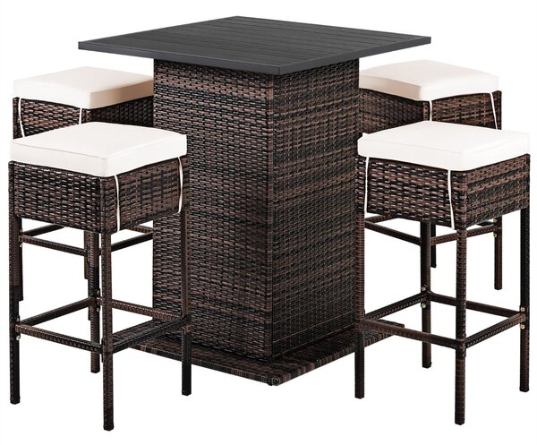 Costway Set da giardino in rattan 5 pezzi, Mobili da esterno con 4 sgabelli cuscini tavolo e scomparto nascosto Beige