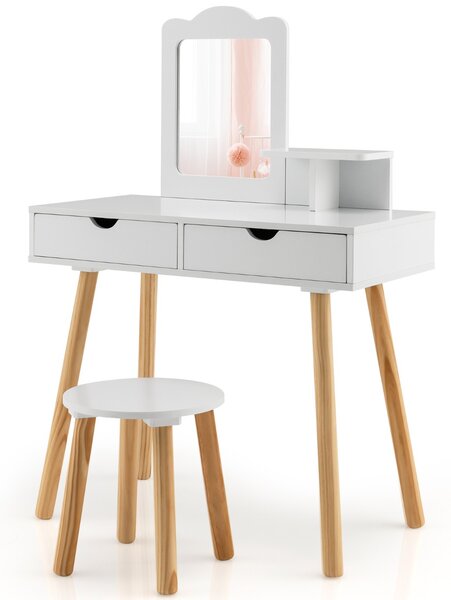 Costway Postazione trucco per bambina 2 in 1, Toeletta e sgabello in legno con specchio rettangolare 2 cassetti Bianco