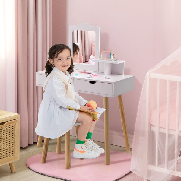 Costway Postazione trucco per bambina 2 in 1, Toeletta e sgabello in legno con specchio rettangolare 2 cassetti Bianco