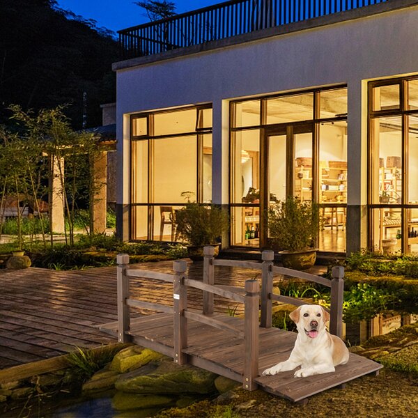 Costway Ponte in legno da giardino 1,7m con ringhiere di sicurezza e portata 180kg, Ponte ad arco decorativo Marrone