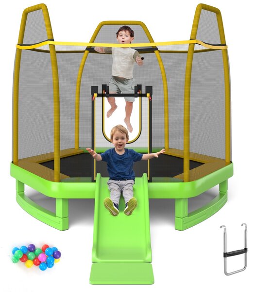Costway Trampolino elastico per bambini con scivolo scaletta diametro 223cm, Saltarello con struttura in metallo Verde