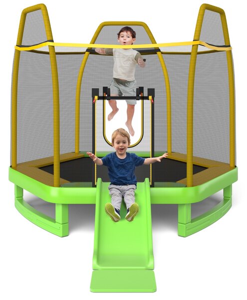 Costway Trampolino elastico per bambini con scivolo scaletta diametro 223cm, Saltarello con struttura in metallo Verde