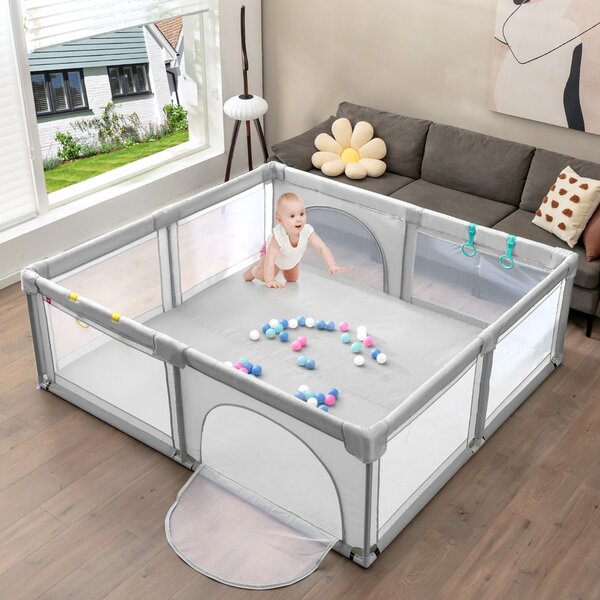 Costway Box per bambini con cancelli di sicurezza per interno, Centro attività portatile 206x185,5x68cm Grigio
