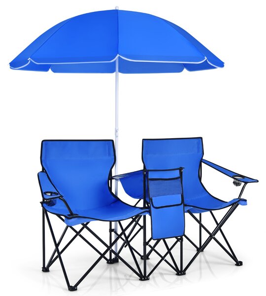 Costway Sedia da picnic in acciaio portatile e pieghevole, Sedia da picnic con ombrellone mini tavolo porta bevande Blu