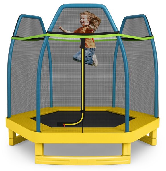 Costway Tappeto elastico 223 cm con rete di sicurezza e cuscinetto a molle, Mini tappeto elastico per bambini Giallo