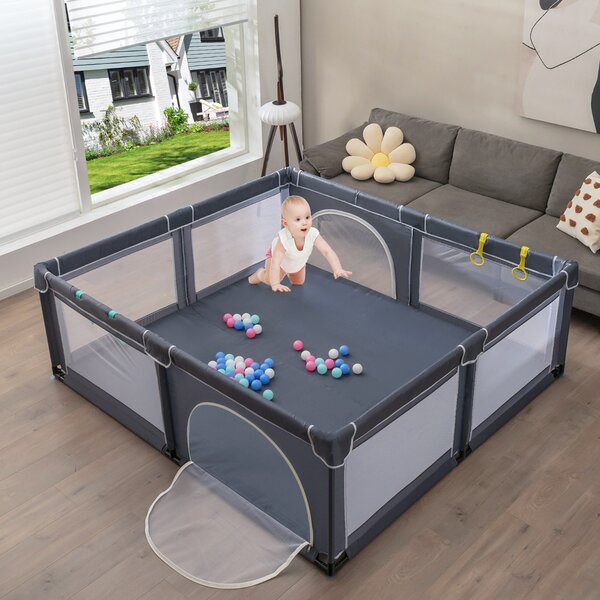 Costway Box per bambini con cancelli di sicurezza per interno, Centro attività portatile 206x185,5x68cm Grigio scuro