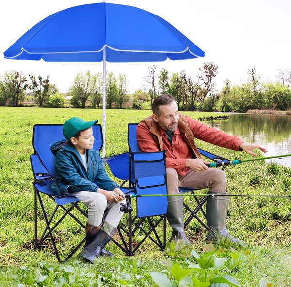 Costway Sedia da picnic in acciaio portatile e pieghevole, Sedia da picnic con ombrellone mini tavolo porta bevande Blu