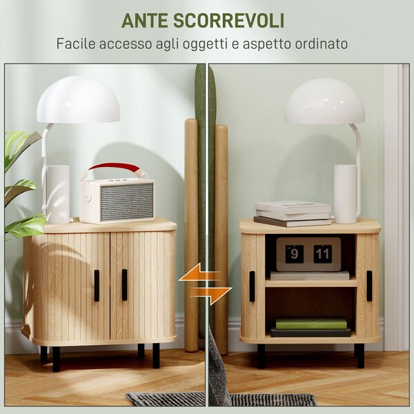 HOMCOM Set 2 Comodini Nordico con porte a scorrimento e Ripiano a 2 Livelli, in Legno e Acciaio,con piedini protettivi, Nero e Rovere| Aosom Italy
