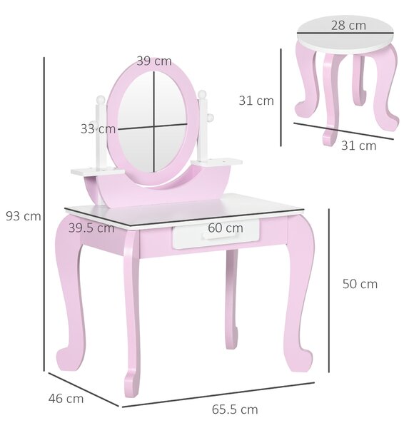 ZONEKIZ Set Toeletta Trucco per Bambini con Tavolino con Specchi e Sgabello, Età 3-6 Anni, Rosa