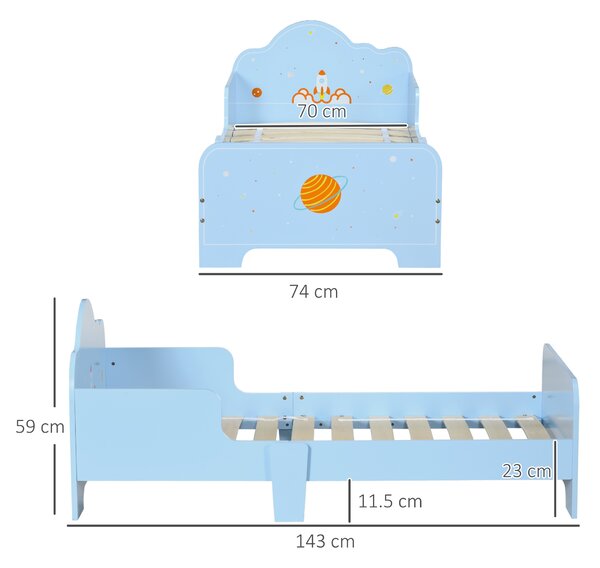 ZONEKIZ Letto per Bambini con Sponde e Fantasia Spaziale, Età 3-6 Anni, 143x74x59cm, Azzurro