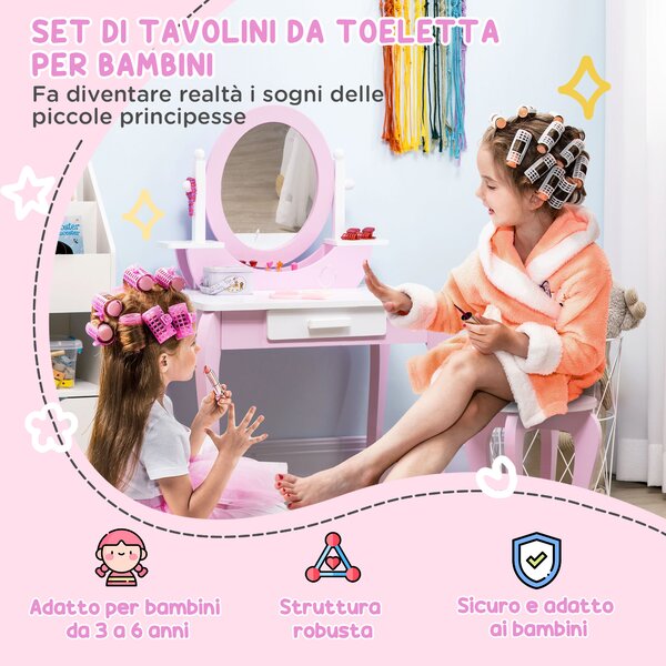 ZONEKIZ Set Toeletta Trucco per Bambini con Tavolino con Specchi e Sgabello, Età 3-6 Anni, Rosa
