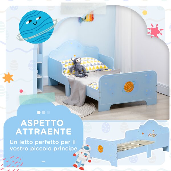 ZONEKIZ Letto per Bambini con Sponde e Fantasia Spaziale, Età 3-6 Anni, 143x74x59cm, Azzurro