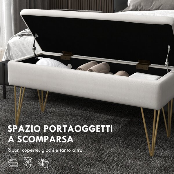 HOMCOM Cassapanca Contenitore con Seduta Imbottita in Tessuto Traspirante per Camera da Letto, Ingresso o Salotto, 100x40x49cm, Crema|Aosom