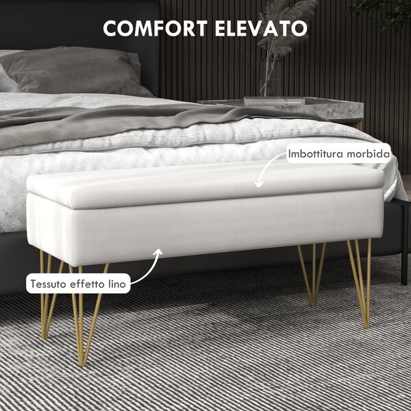 HOMCOM Cassapanca Contenitore con Seduta Imbottita in Tessuto Traspirante per Camera da Letto, Ingresso o Salotto, 100x40x49cm, Crema|Aosom