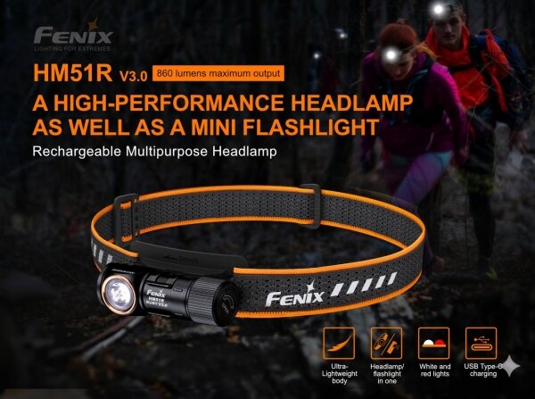Fenix HM51RV30 - Lampada frontale a LED ricaricabile con dimmer, USB, batteria 950mAh, IP68, 860 lm, 125 h, arancione