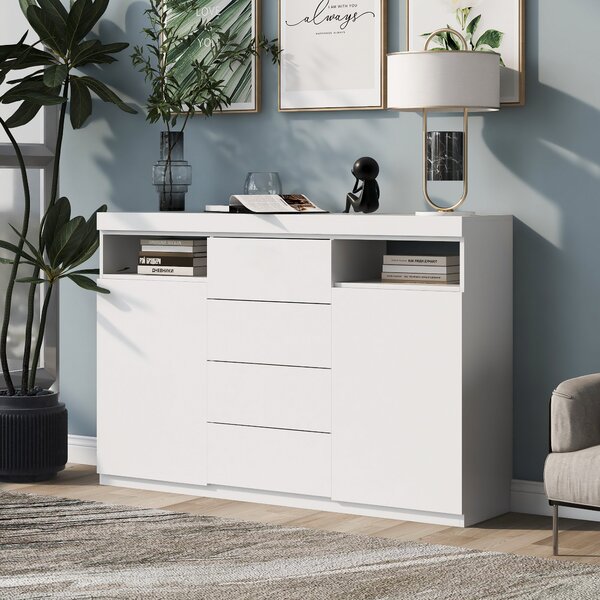 Credenza Moderna LED Multifunzione con Illuminazione RGB, 2 Ante e 4 Cassetti, Bianco|Aosom