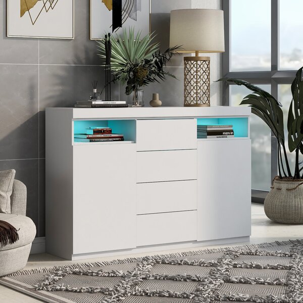 Credenza Moderna LED Multifunzione con Illuminazione RGB, 2 Ante e 4 Cassetti, Bianco|Aosom