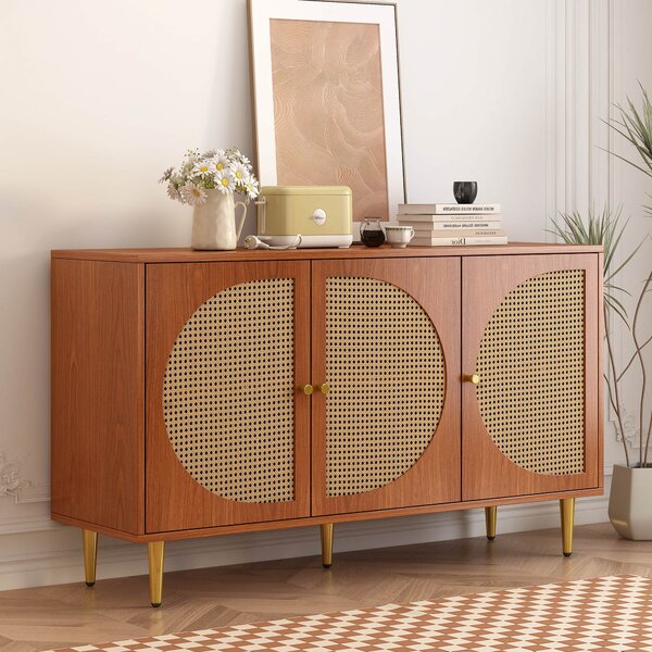 Set Mobile da Salotto in Rattan con Credenza Moderna a Tre Ante e Scarpiera Salvaspazio a Due Ante Scorrevoli, Colore noce