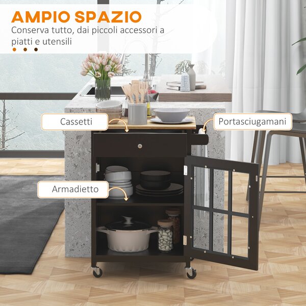HOMCOM Carrello Cucina Portafrutta con Ruote Cassetti e Armadietto Regolabile, Antina in vetro e Portasciugamani, in Legno, Nero e Rovere|Aosom Italy