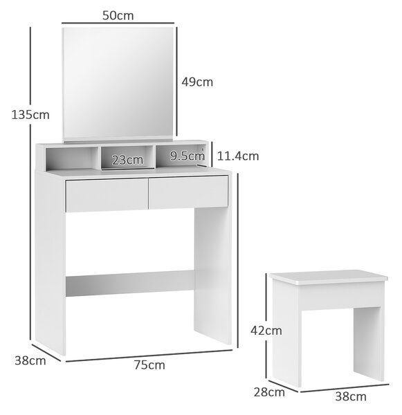HOMCOM Tavolo da Trucco con Specchio, 3 Ripiani, 2 Cassetti e Sgabello, in Legno, 75x38x135 cm, Bianco