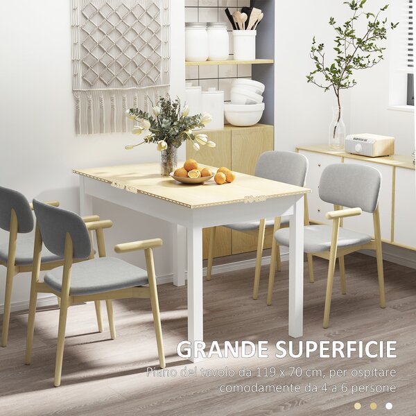 HOMCOM Tavolo da Pranzo 4-6 Posti Design Moderno per Cucina e Soggiorno, 119x70x75cm, Bianco e Legno