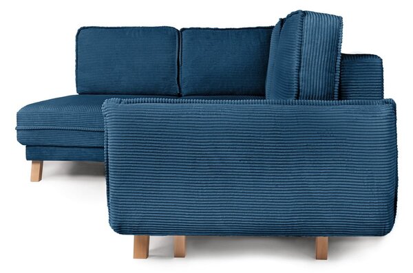 Divano angolare blu allungabile (con penisola a sinistra) con rivestimento in velluto a coste Tori – Bonami Selection