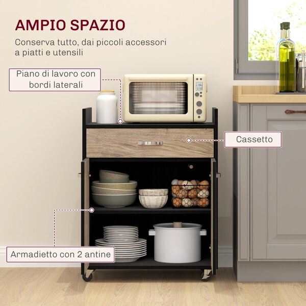 HOMCOM Carrello Da Cucina In Legno - Con Cassetto, Armadietto, Ruote, 83x45x88 Cm, Nero - Foto 6