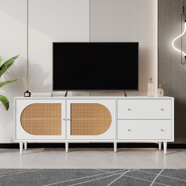 Mobile TV in Rattan con 2 Cassetti e Ampio Spazio Interno, Bianco|Aosom