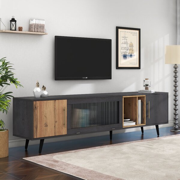 Mobile TV 90" max in Legno Scuro con Venature Grigie, 3 Ante e Spazio Aperto, Grigio