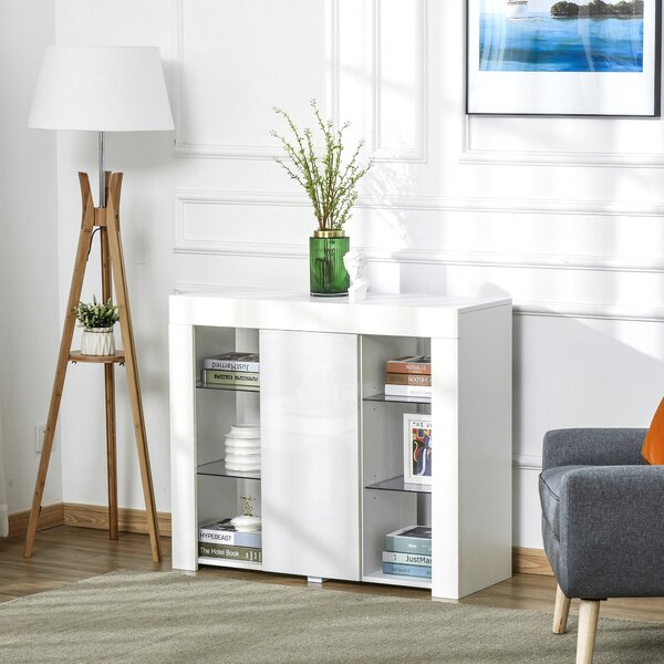HOMCOM Credenza Moderna a Anta con Luci LED e Mensole in Vetro, Mobile Multiuso in Legno con Finitura Lucida, 97x35x83cm, Bianco|Aosom